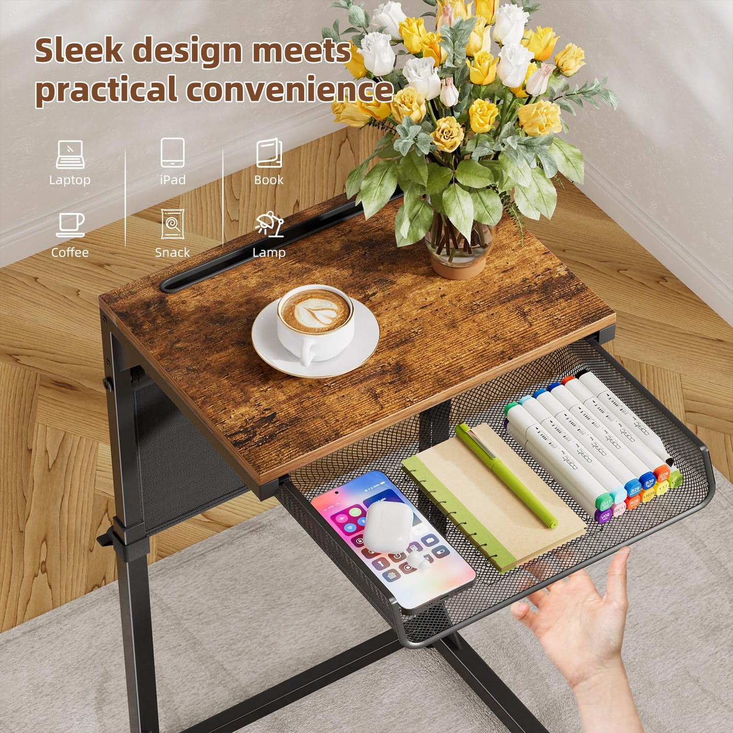 Simple Trending Side Table, C Shaped End Table with Charging Station, Couch Table with Storage Bag, Adjustable Height, Rustic Brown