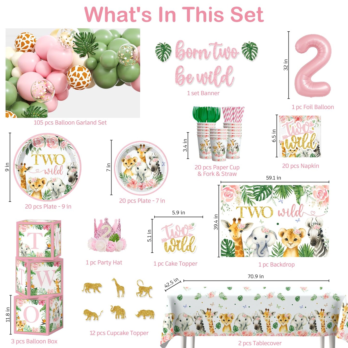 Two Wild Birthday Decorations Girl Safari Animal Jungle Theme 2nd Birthday Party Supplies Include Born Two be Wild Banner Balloons Garland Arch Plates and Napkins 2nd Decorations for Toddler Girl