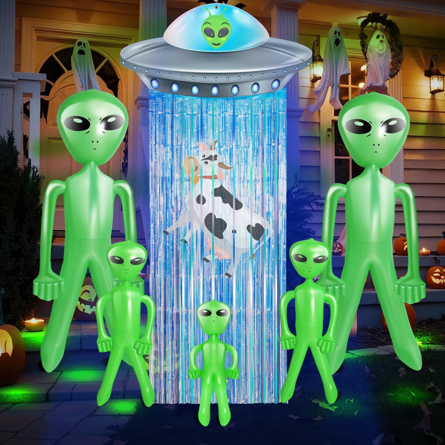Simgoing 6 Pcs Alien Birthday Party Decorations Set Alien Door Curtains with Tinsel Foil Fringe Curtain and Inflatable Aliens UFO Spacecraft Party Flying Saucer Spaceship Hanging Banner for Halloween
