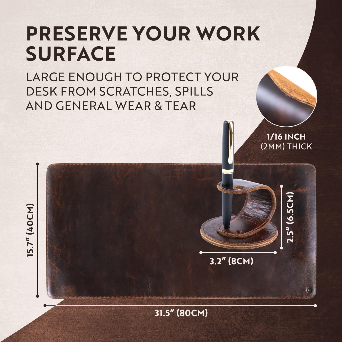 Moonster 100% Genuine Leather Desk Pad – Leather Desk Mat – 31" x 16" Large Desk Pad – Leather Desk Pad Protector with Ballpoint Pen Holder – Desk Mat Leather - Desk Leather Mat