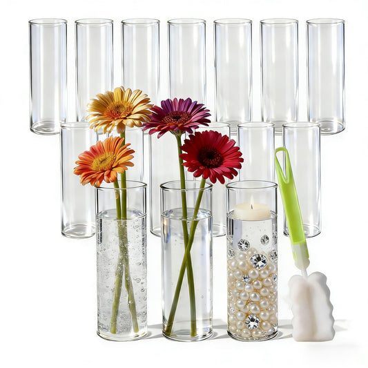 16Pcs Glass Cylinder Bud Vases for Centerpieces, 7.7 Inch Tall Clear Flower Vases in Bulk, Floating Candle Holder for Wedding, Party, Home Decor, Birthday, Decoration, Anniversary, Baby Shower