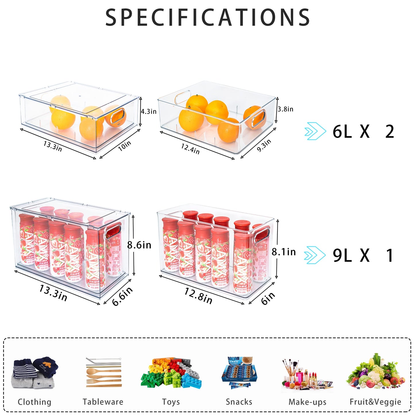 MineSign Stackable Fridge Drawer Pull-Out Bins with Handles 3 Pack Large Clear Food Container with Removable Dividers Refrigerator Storage box Divided Produce Saver for Pantry Kitchen