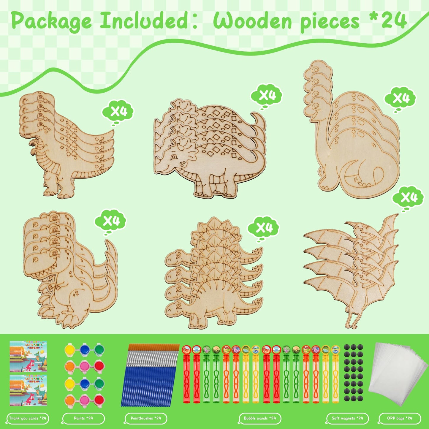 HandTool Dinosaur Party Favors for Kids,Dino Party Favors with 24PCS Wooden Dinosaur Crafts to Paint,Paint Sets,Bubble Wands,Magnets,DIY Cards and OPP Bags,Birthday Supplies for Kids Classroom Rewards