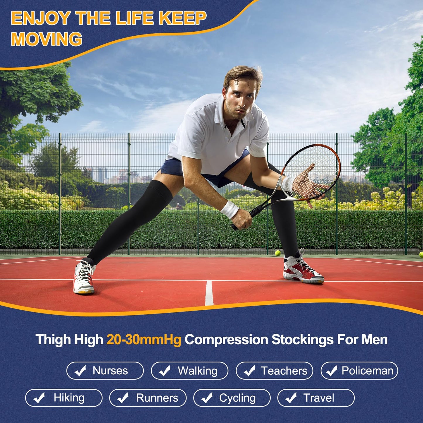 Zhanmai 2 Pairs Thigh High Men's Compression Socks 20-30 Mmhg Compression Stocking with Silicone Grip Men's Dress Socks (Large)