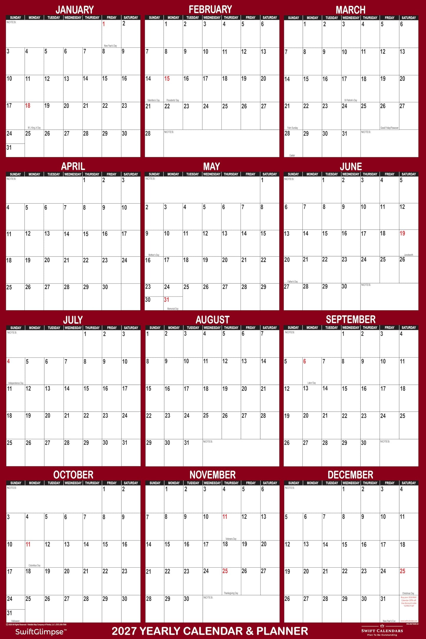 24" x 36" SwiftGlimpse 2027 Wall Calendar Erasable Large Wet & Dry Erase Laminated 12 Month Annual Yearly Wall Planner, Reversible, Horizontal/Vertical, Burgundy