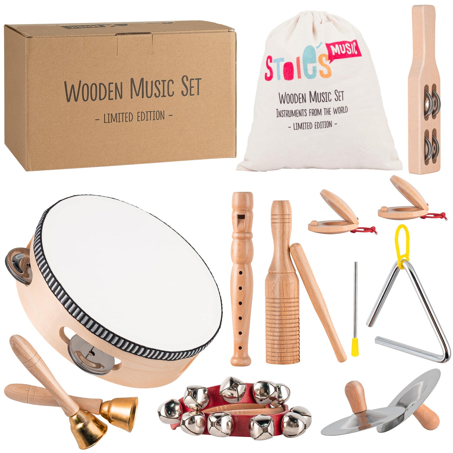 Stoie's Wooden Toddler Musical Instruments with Drum, Flute, Hand Bells, Cymbals, Castanets, Triangle, for Babies and Toddlers, Eco Friendly Montessori Educational Toy