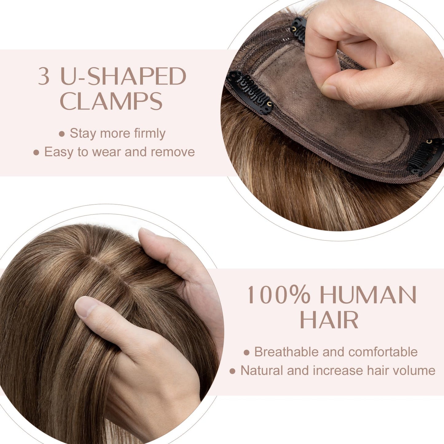 SEGO Pro Human Hair Topper with Bangs Hair Toppers for Women Real Human Hair Toppers Hair Pieces for Women Human Hair Toppers for Thin Hair 6 Inch #4P27 Chocolate Brown Mixed Light Brown