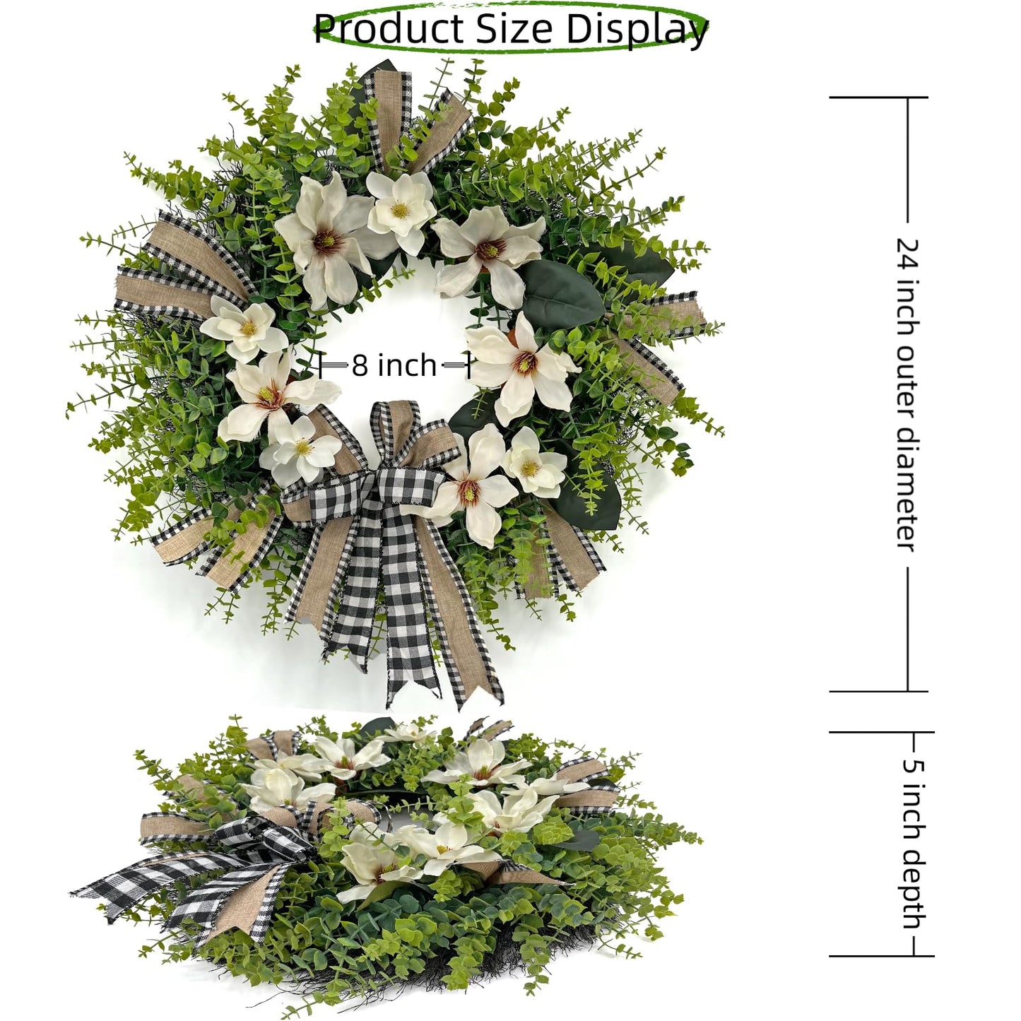 IVKHE 24 Inch Artificial Magnolia Wreath for Front Door – Farmhouse Boxwood Greenery Wreath with Buffalo Plaid Bow, Year-Round Rustic Home Wall Decor for Porch, Entryway, Living Room