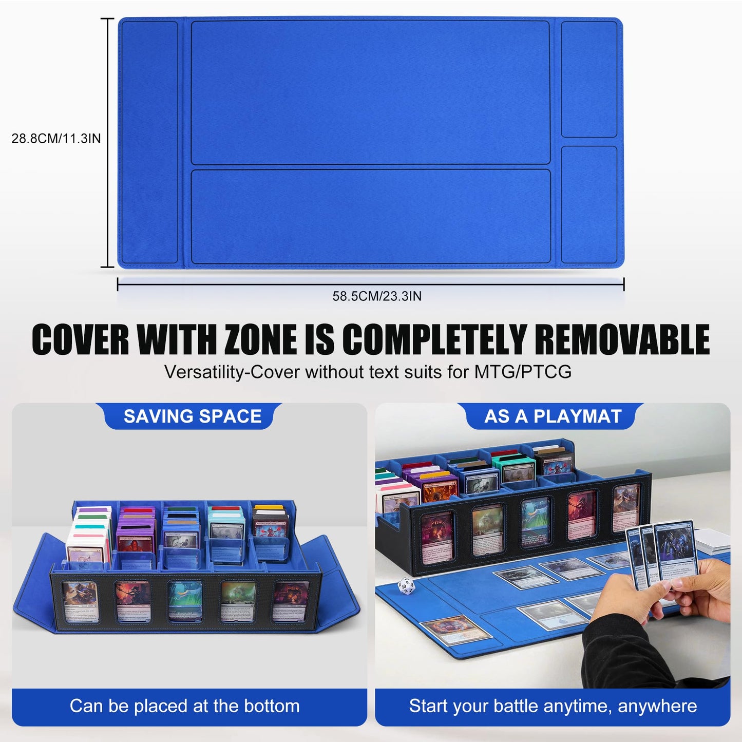 Trading Card Storage Box with Commander Display , 5-Row Deck Case with Removable Lid; 3900+ Card Deck Box for MTG TCG Sports Card, 5 Toploaders, 5 Stoppers, 48 Dividers,1 Dice Tray (Black Blue)