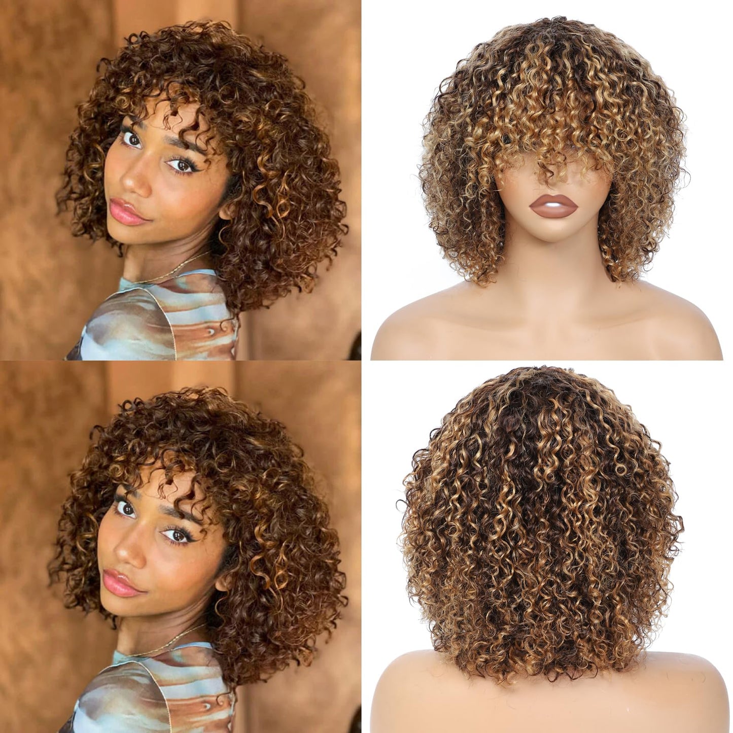 LYOLKSER 200 density short curly human hair wig with bangs 100 percent human hair no lace wig for black women highlight P4/27 brown and blonde 12 inch
