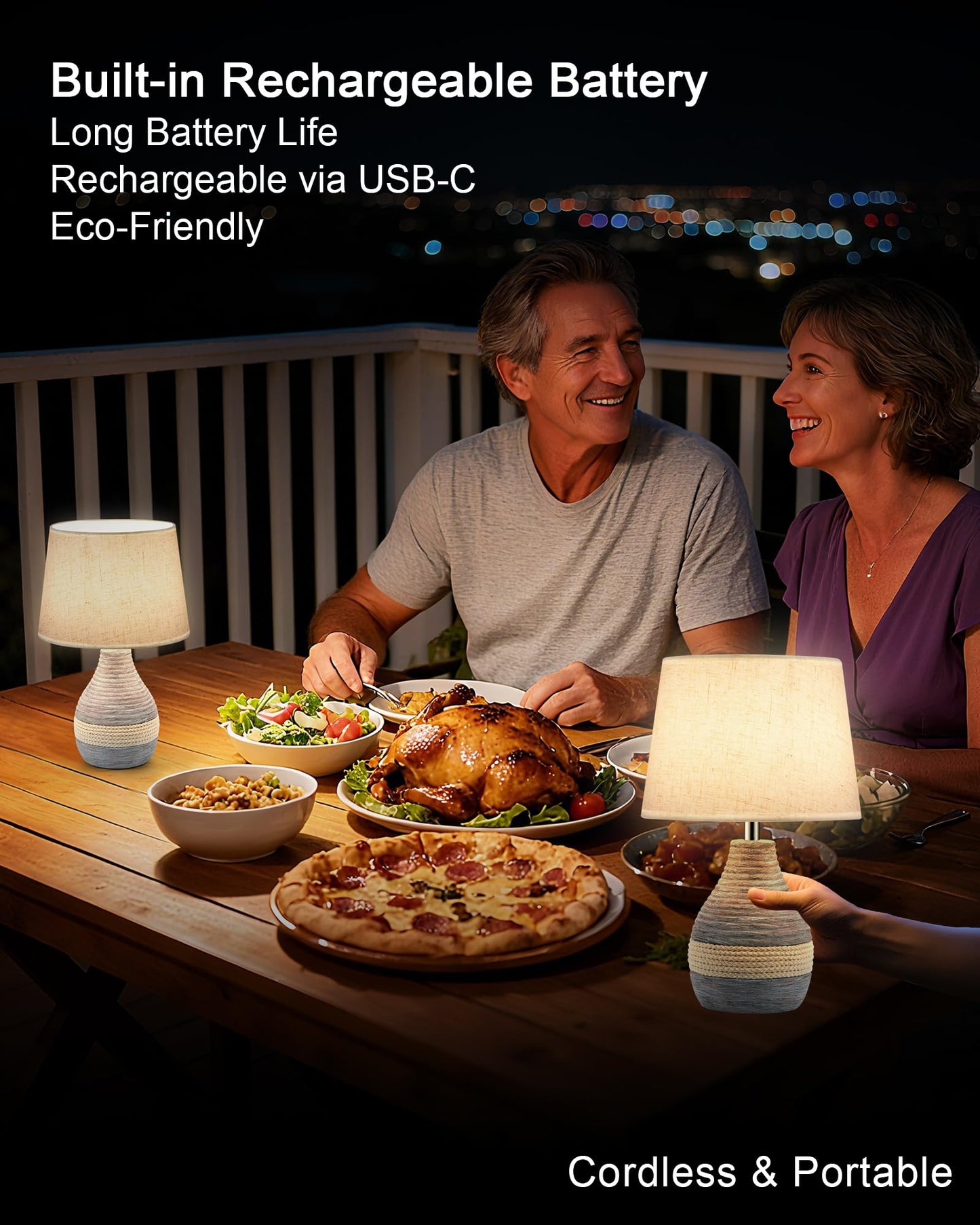 UMEXUS 13” Small Ceramic Cordless Table Lamp with Timer, Dimmer, Linen Shade, Remote Control, Rechargeable Battery Light for Patio Nightstand Kitchen Counter Living Room Side Table, Bulb Included