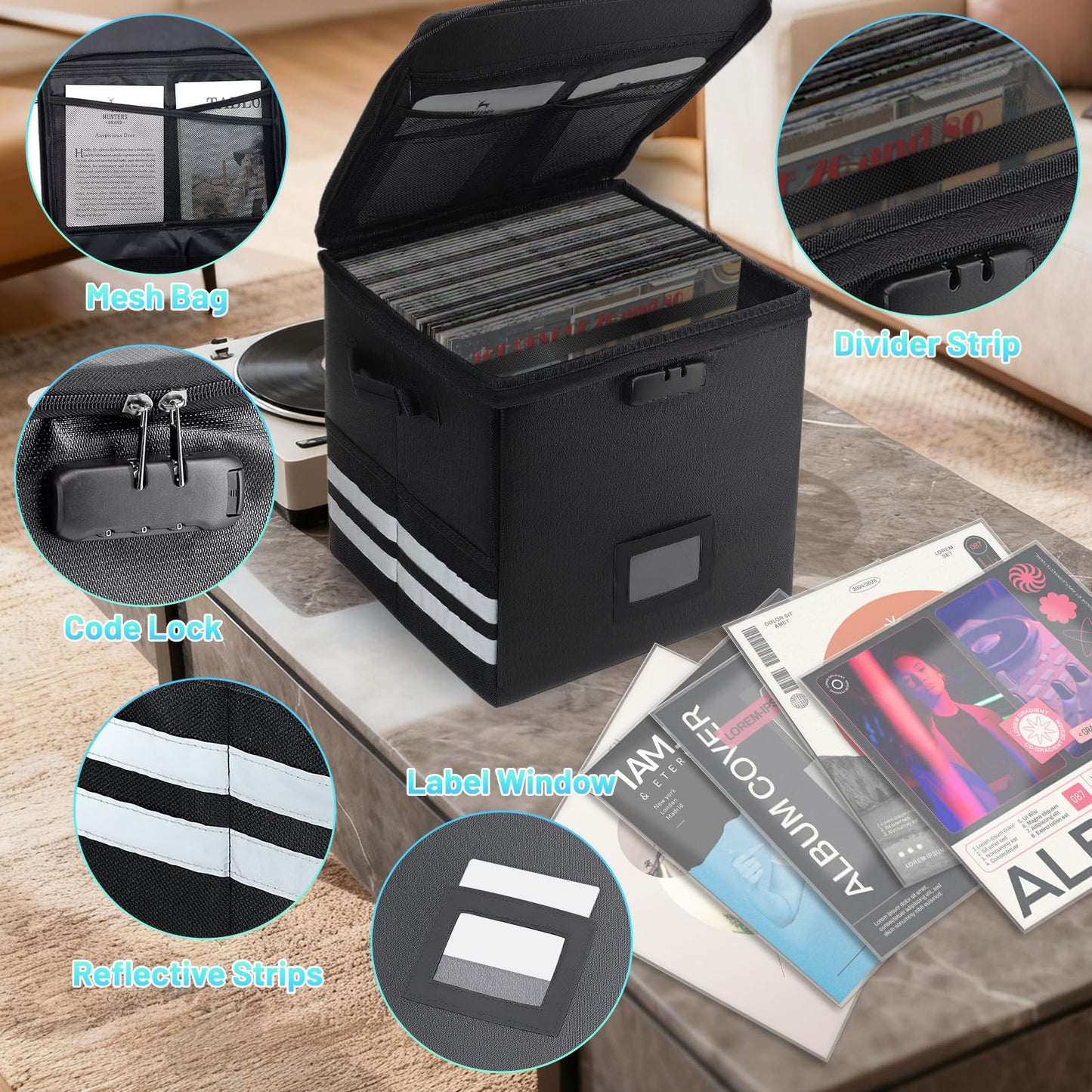 Vinyl Record Storage with 100 Record Sleeves, Fireproof & Water Resistant Record Organizer Box with Lock, Wrinkle-Free Vinyl Clear Sleeves Outer Protective Kits Covers 12.75" Albums 3 Mil Thick