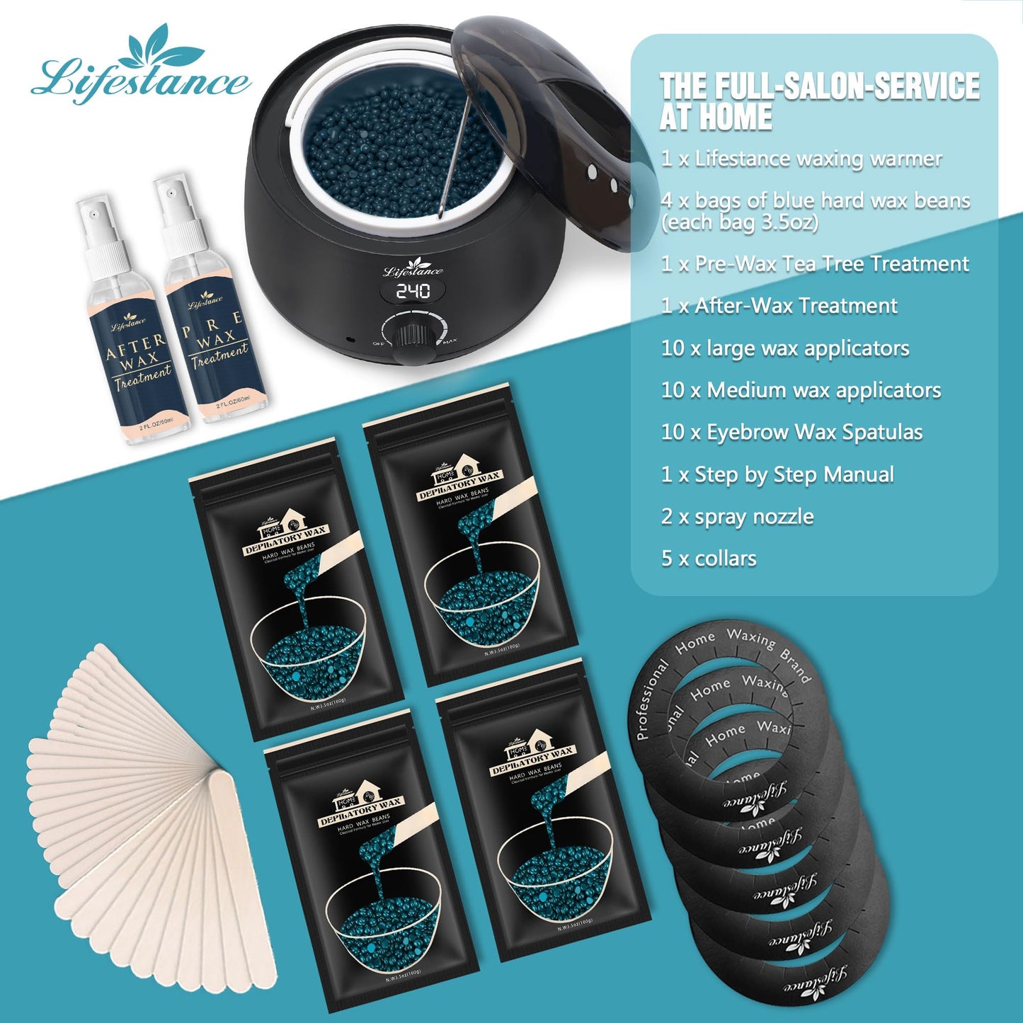 Lifestance Waxing Kit- L2 Digital Wax Warmer Hair Removal Machine- 4 Packs of Wax Beads(14.1 oz total) with 42 Items- Wax Pots Professional for All Hair Types- Eyebrow- Facial- Bikini