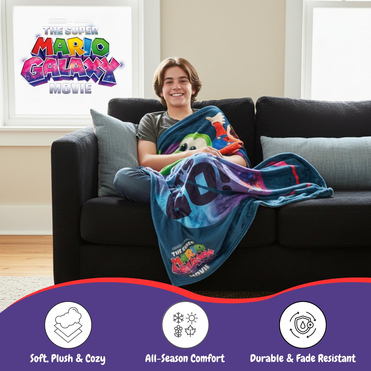 The Super Mario Galaxy Movie Throw Blanket, Yoshi, Soft Cozy Decorative Blanket for Couch, Bed, or Gaming Room (100% Officially Licensed Product) by Franco Collectibles