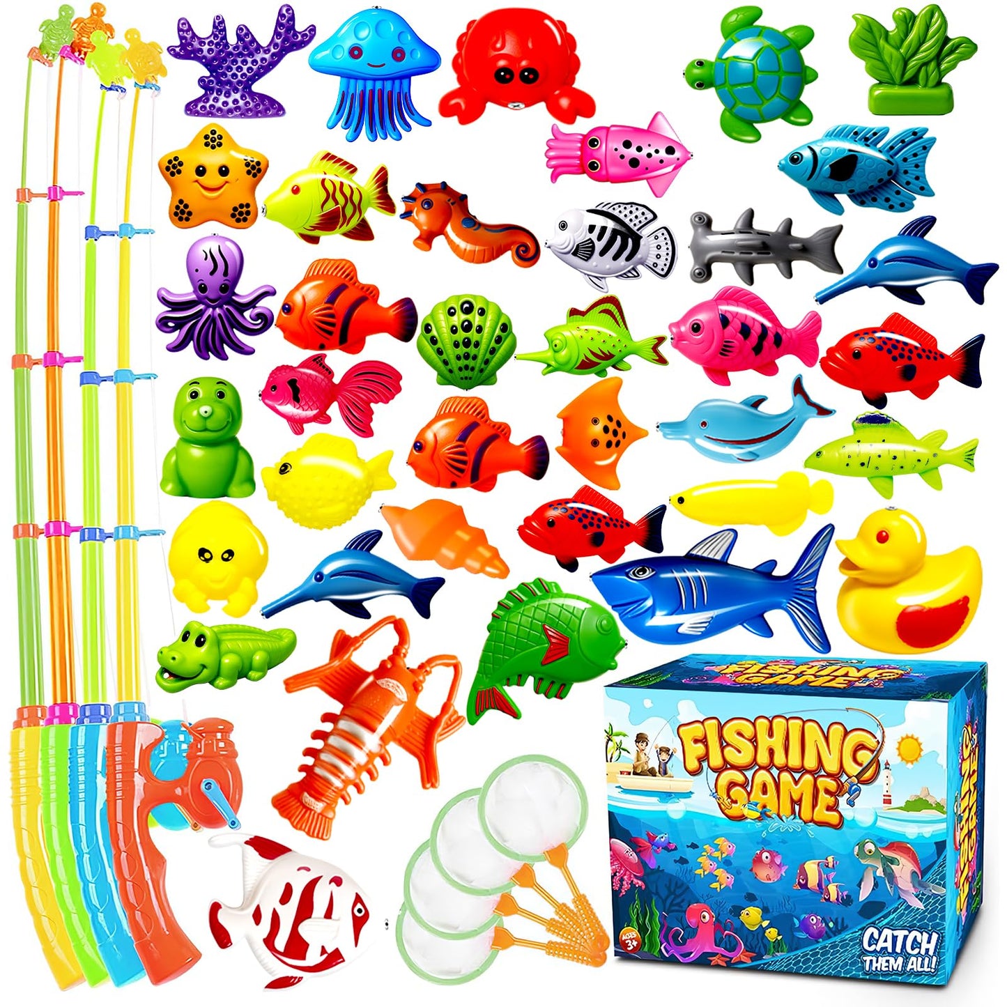 Goody King Fishing Toys for Kids Ages 3+ Pool Fishing Toys Magnetic Games - Bathtub Outdoor Indoor Water Table Fish Kids Toy Pole Rod Net 4 Players Carnival Party Water Table Toy Gift Age 3-5 6 4-8