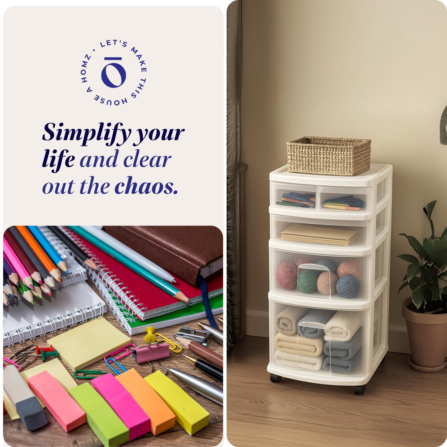HOMZ Drawer Tower, 4-Tier Clear Plastic Storage Organizer Cart, White Frame - Rolling Drawers with Wheels for Desk, Dresser, Cabinet, Bedroom, Bathroom, Classroom, and Office Organization