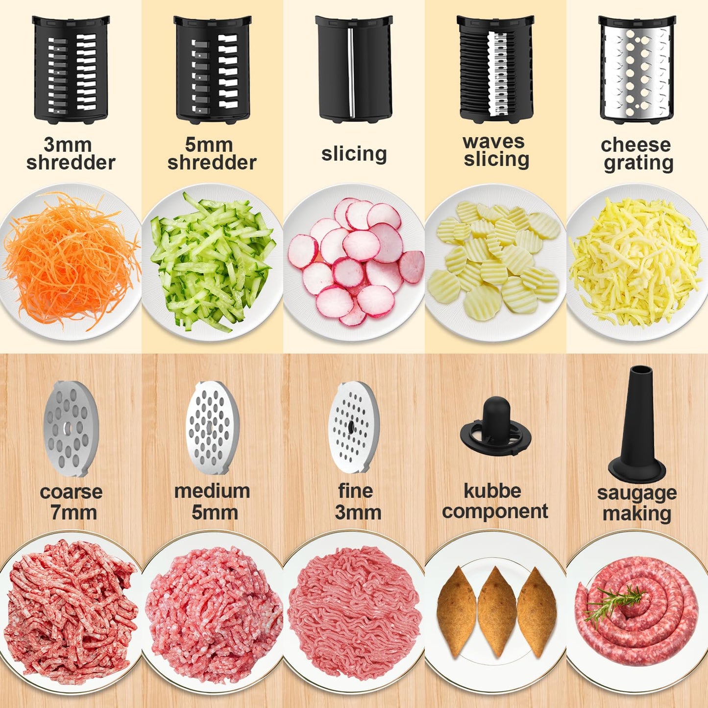 XFCNIKOU Electric Meat Grinder, Cheese Grater, 2800W Max Stainless Steel Veggie Shredder, Vegetable Cutter with 5 Slice Blades, 3 Grinding Plates, Sausage Stuffer & Kubbe Kit, for Home Kitchen Use