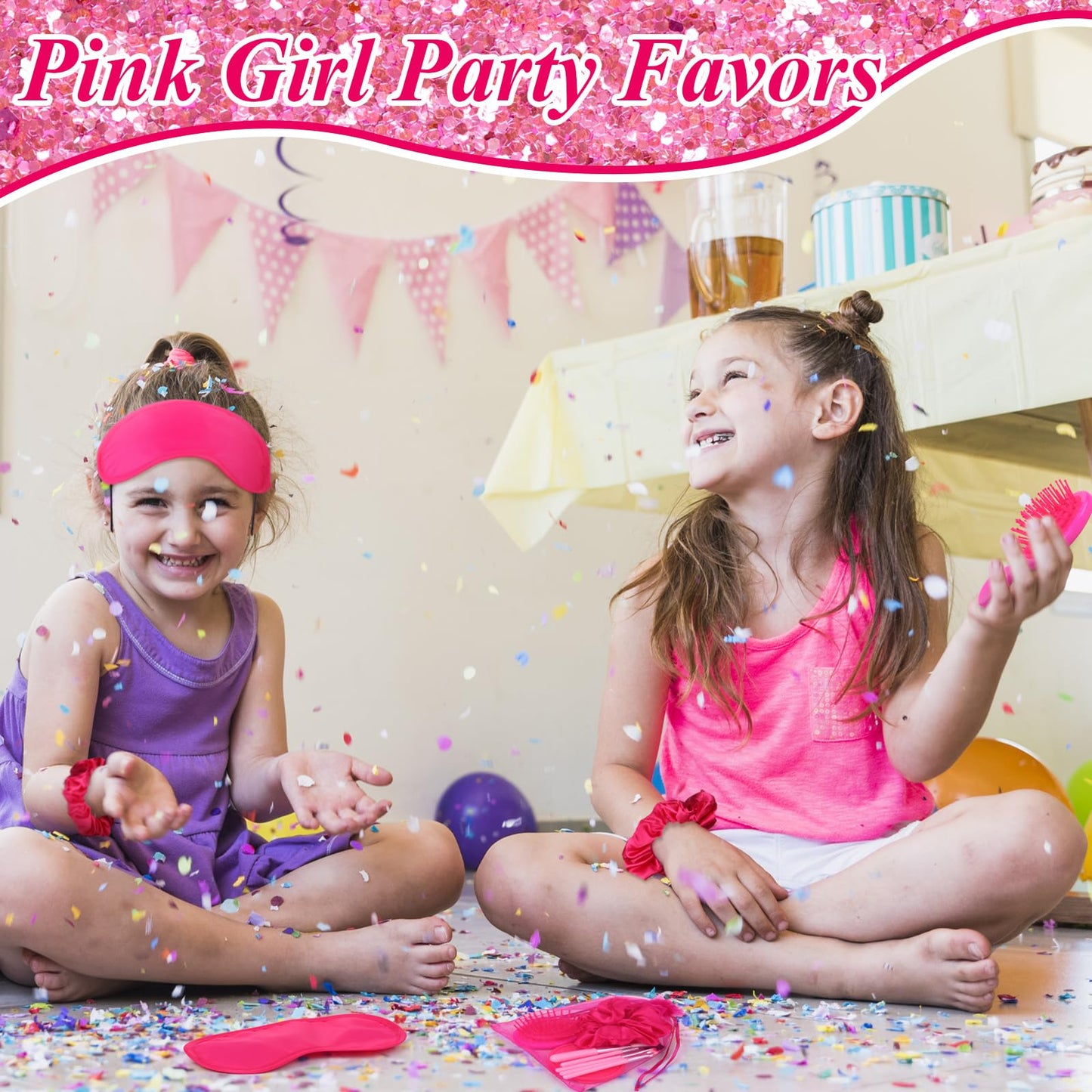 72 PCS Pink Girl Party Favors Kids Makeup Party Supplies Includes Pink Hair Brush Elastic Pink Scrunchies Foldable Cosmetic Mirror Makeup Brushes Eye Mask Organza Bags for Girls Women