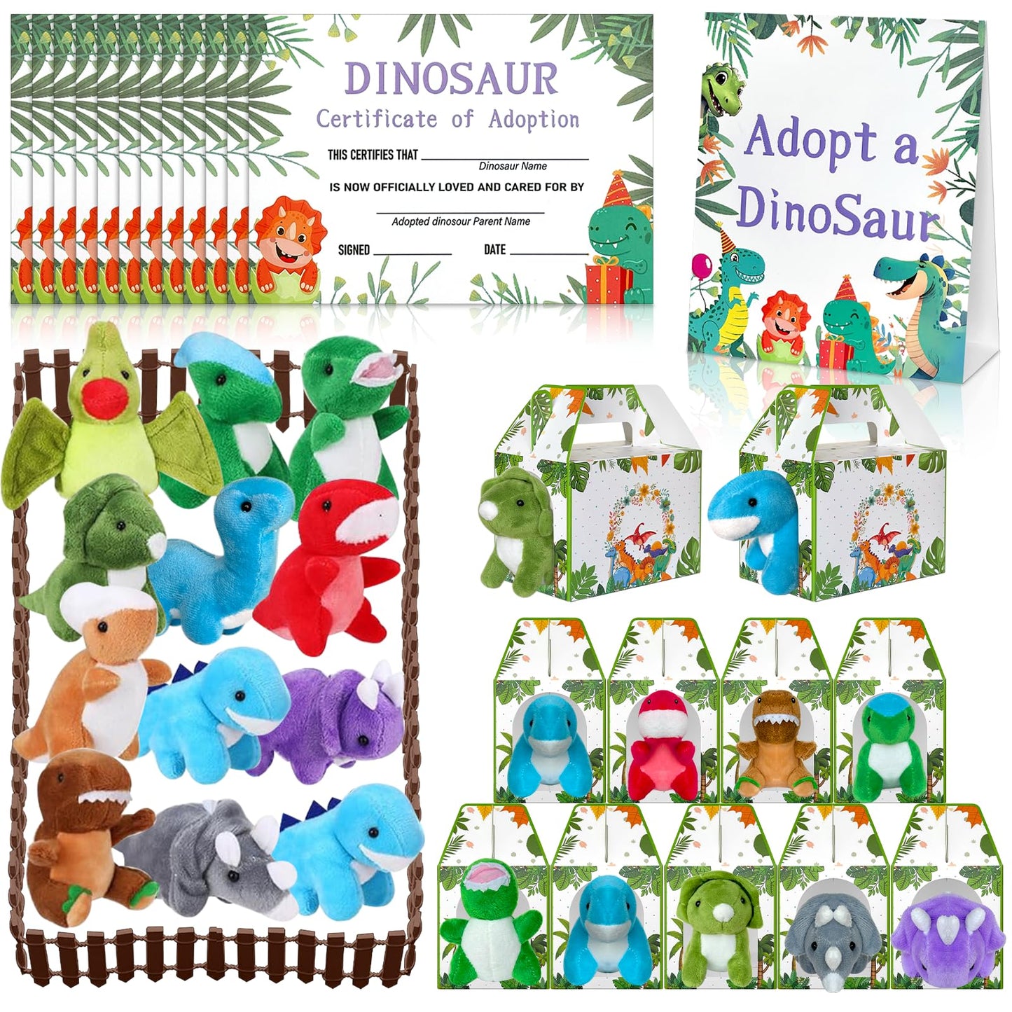 Gaiaring 38 Pcs Adopt a Dinosaur Pet Party Favors Include 12 Mini Plush Dinosaur 12 Foldable Boxes 12 Adopt Dinosaur Cards 1 Adopt Sign 1 Adopt Fence for Adopt A Pet Party