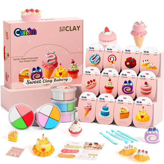 Cyajm Air Dry Clay Sweet Bakery Kit - 12 Dessert Themed Individual Clay Packs, Non-Toxic Ultra-Light Air Drying Modeling Clay with Tools & Guide, DIY Craft Gift for Kids Boys Girls Ages 3+