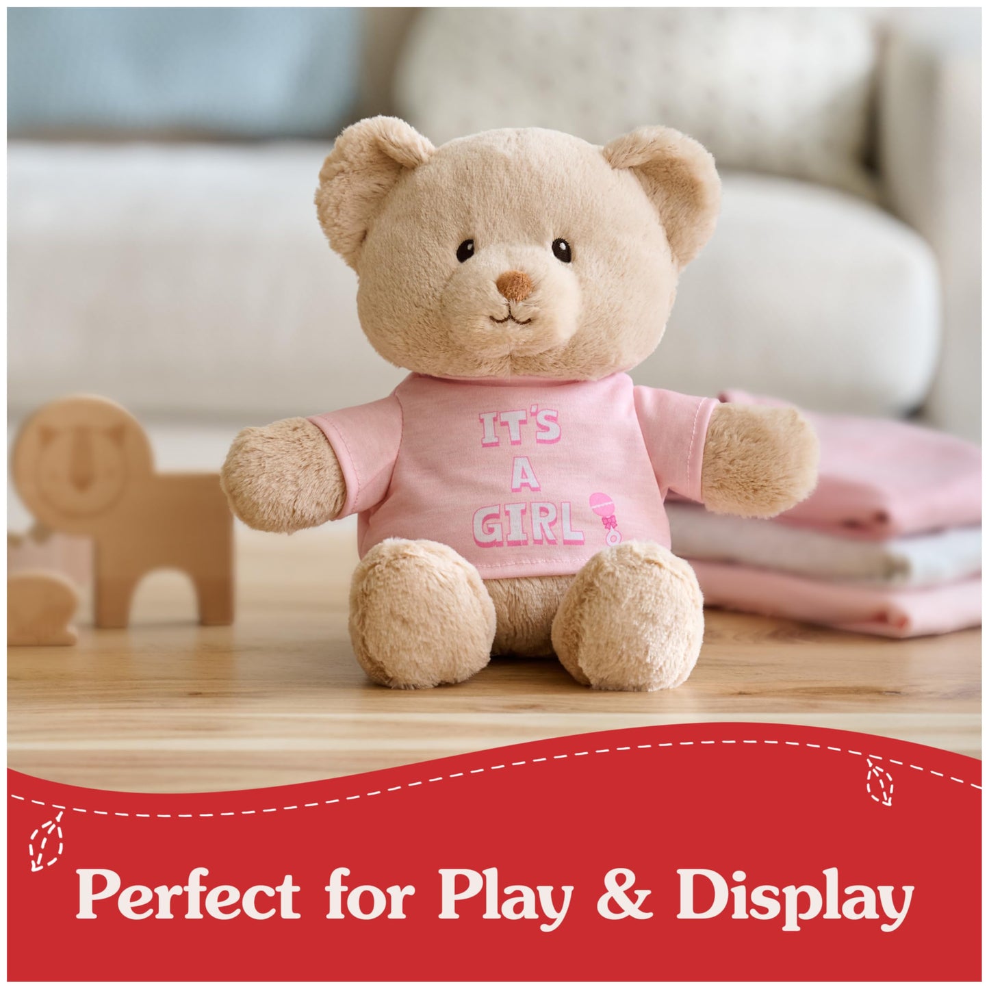 GUND “It's a Girl” Sustainable Message Bear with Pink T-Shirt, Teddy Bear Made from 100% Recycled Materials for Ages 1 and Up, Tan, 12”