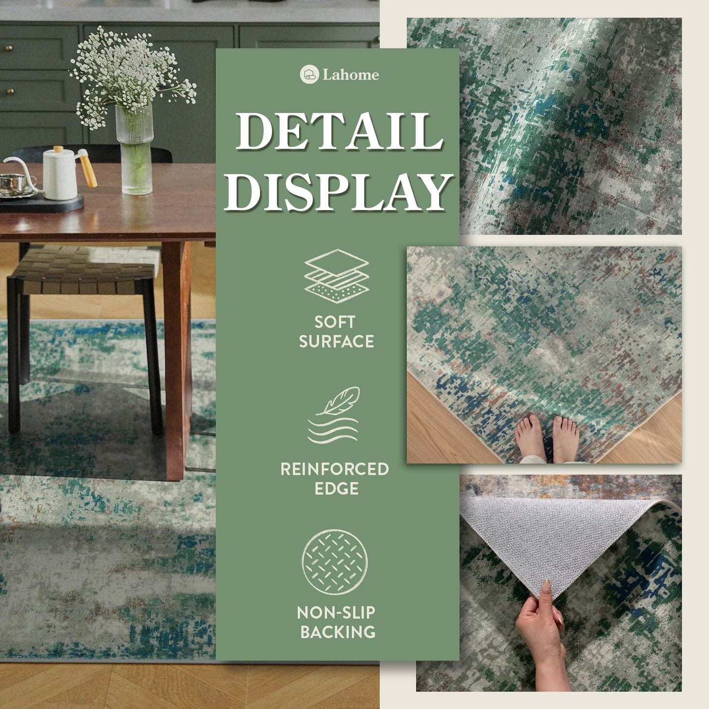 Lahome Modern Abstract Area Rug 5x7 Rugs for Living Room, Washable Accent Bedroom Rug Non-Slip Non Skid, Indoor Floor Contemporary Carpet for Kitchen Bathroom Laundry,Green/Grey