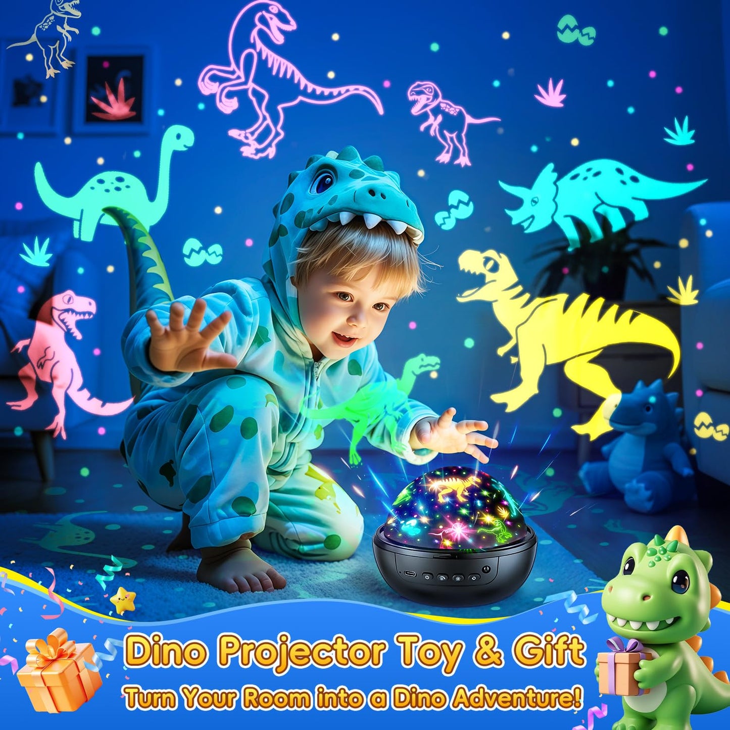 Kids Night Light Projector with 3 Films & 93 Effects, Remote & 3 Timer - Rotating Dinosaur Night Light for Kids' Room