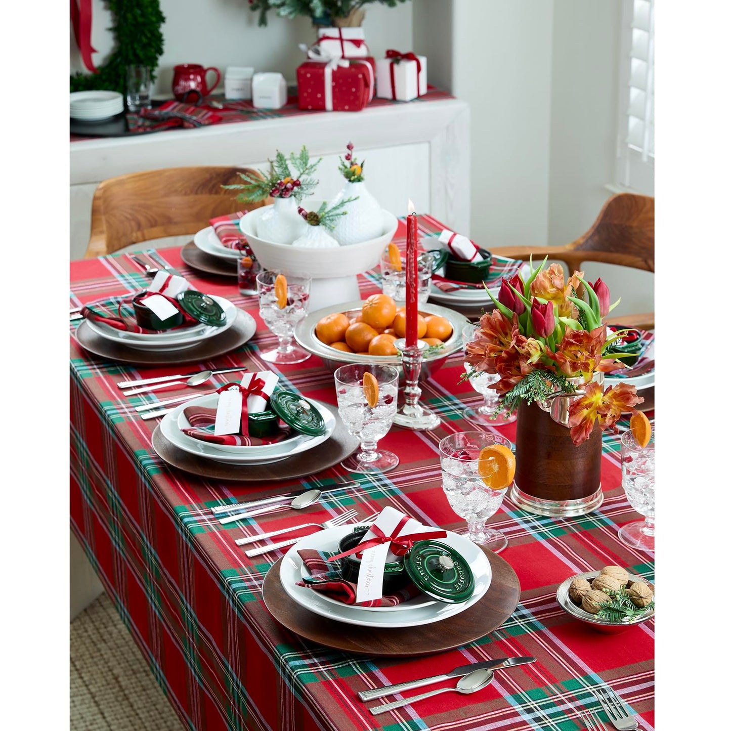 Solino Home Linen Christmas Square Tablecloth 52 x 52 Inch - 100% Pure Linen Red Madras Holiday Plaid Tablecloth - Handcrafted and Machine Washable Table Throw