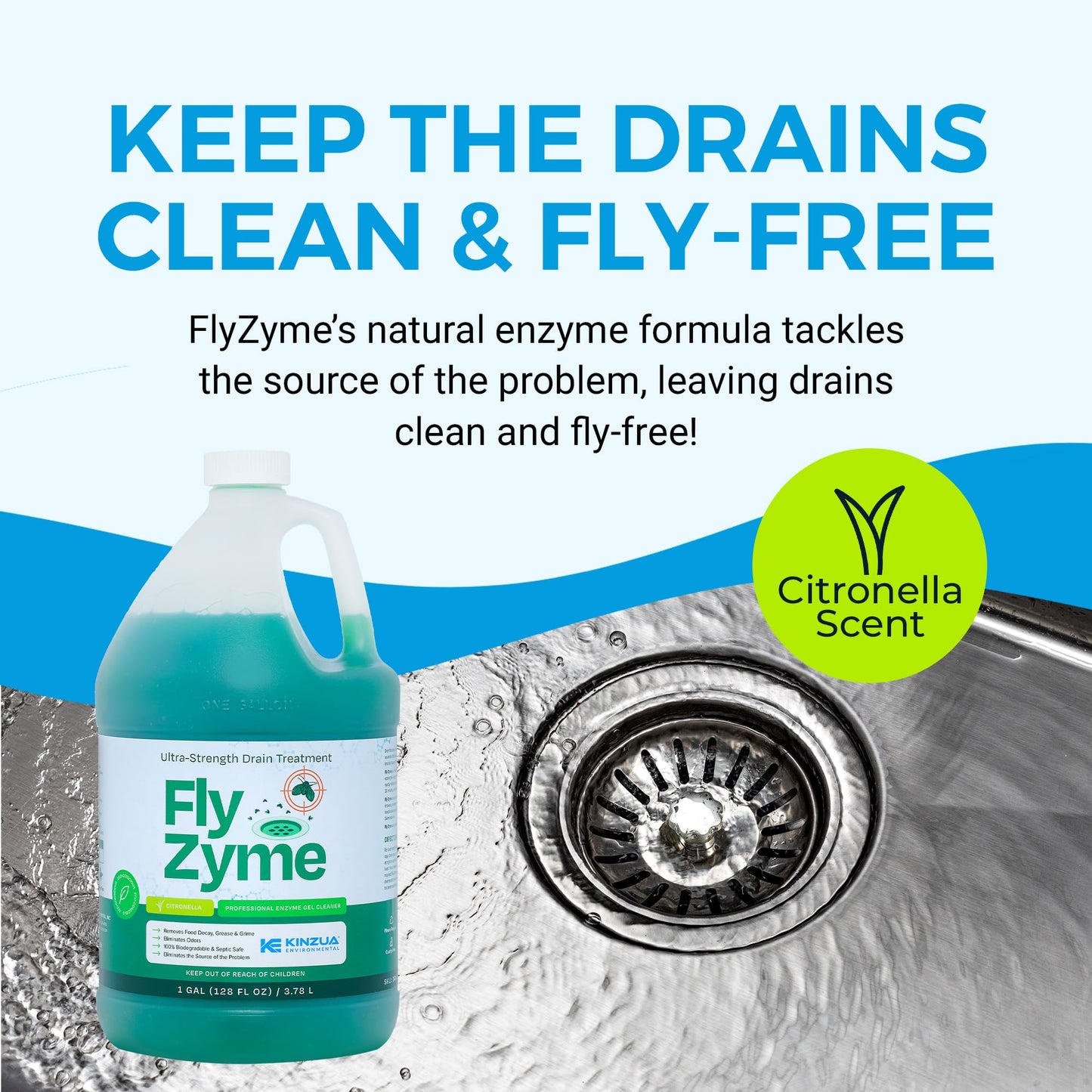 Fly-Zyme, Highly Concentrated Enzyme Drain Cleaner for Pipes & Fruit Flies, Citronella Scented Organic Waste Degrader & Odor Neutralizer, 1 Gallon