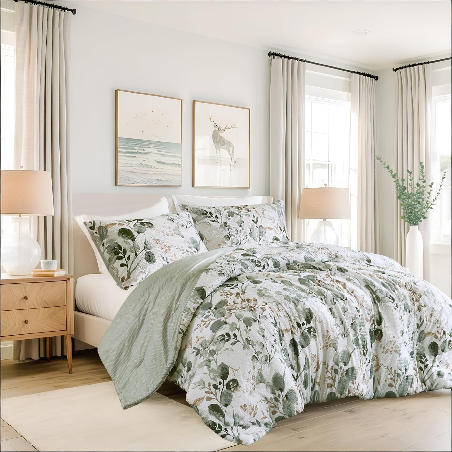 Regency Heights Lightweight Seersucker Botanical Comforter Set Queen Size, 3 Pieces Reversible Design with Striped Print, Premium Microfiber Bedding Set, Comforter and Sham Set, Green