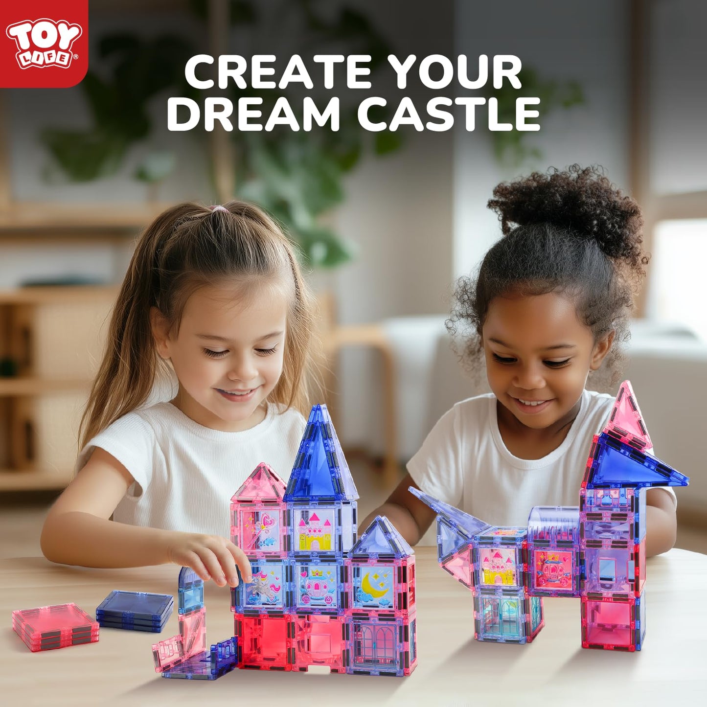TOY Life Magnetic Tiles for Kids Ages 4-8, Building Toys Magnetic Toys for Toddlers 3+, 68pcs Princess Castle Magnet Tiles with Windows Art, Magnetic Building Blocks Toddler Toys Games
