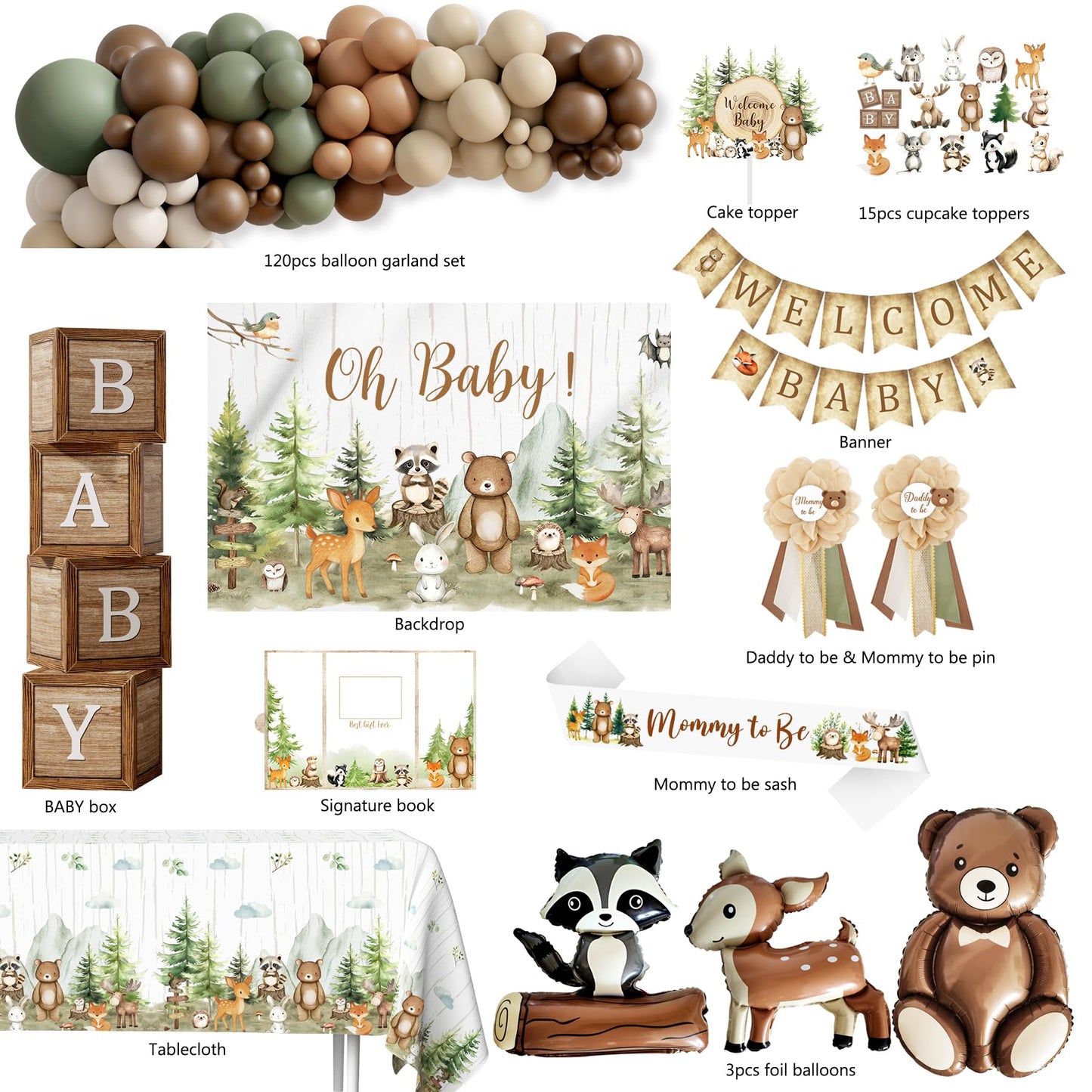 Woodland Animals Baby Shower Decoration Party Supplies, Forest Animal Neutral Gender Reveal Party Decorations, Backdrop Balloon Arch Box Mom to Be Sash Dad to Be Pin Tablecloths Cake Topper