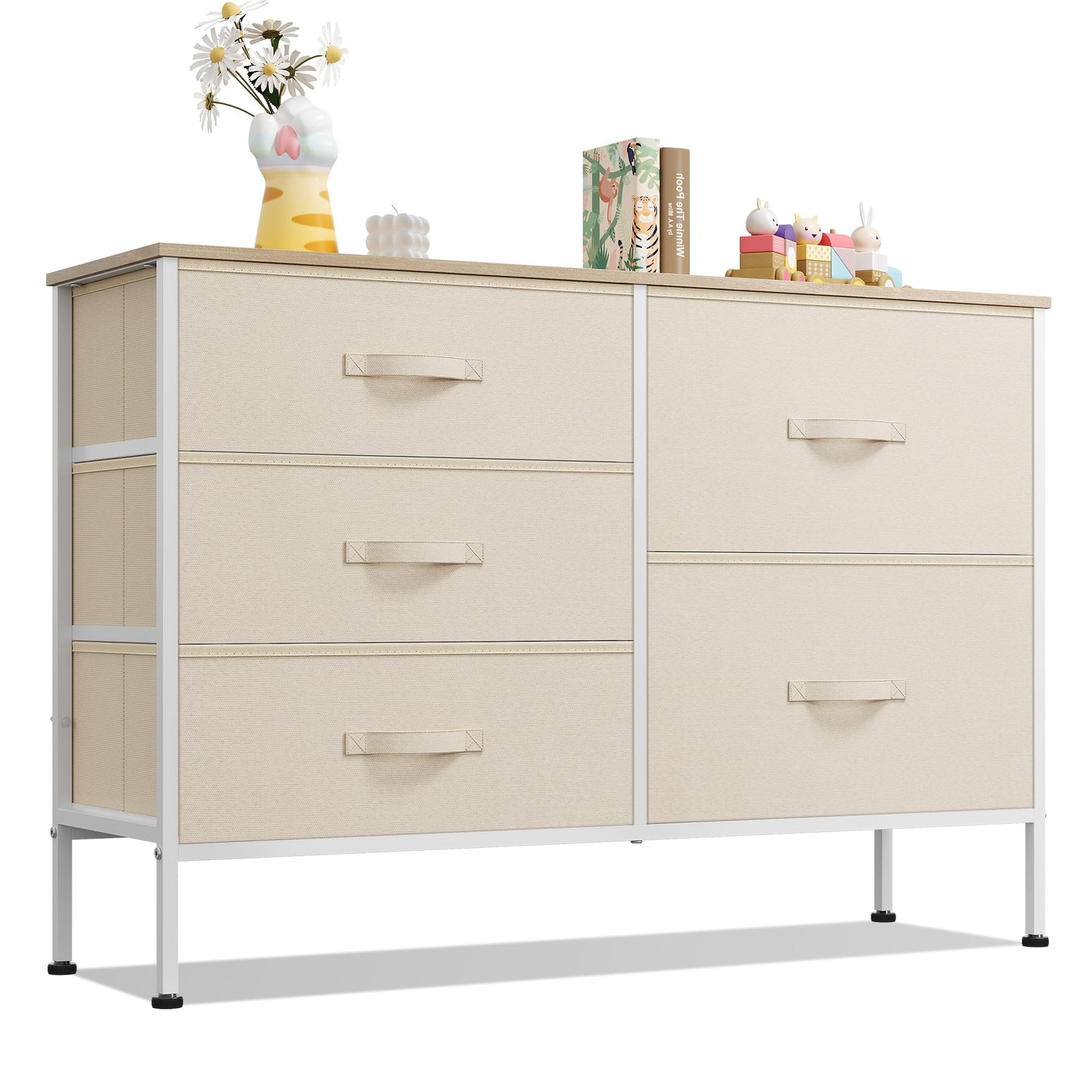 WLIVE Dresser for Bedroom with 5 Drawers, Wide Chest of Drawers for Bedroom, Fabric Dresser for Living Room, Closet, Hallway, Cream White