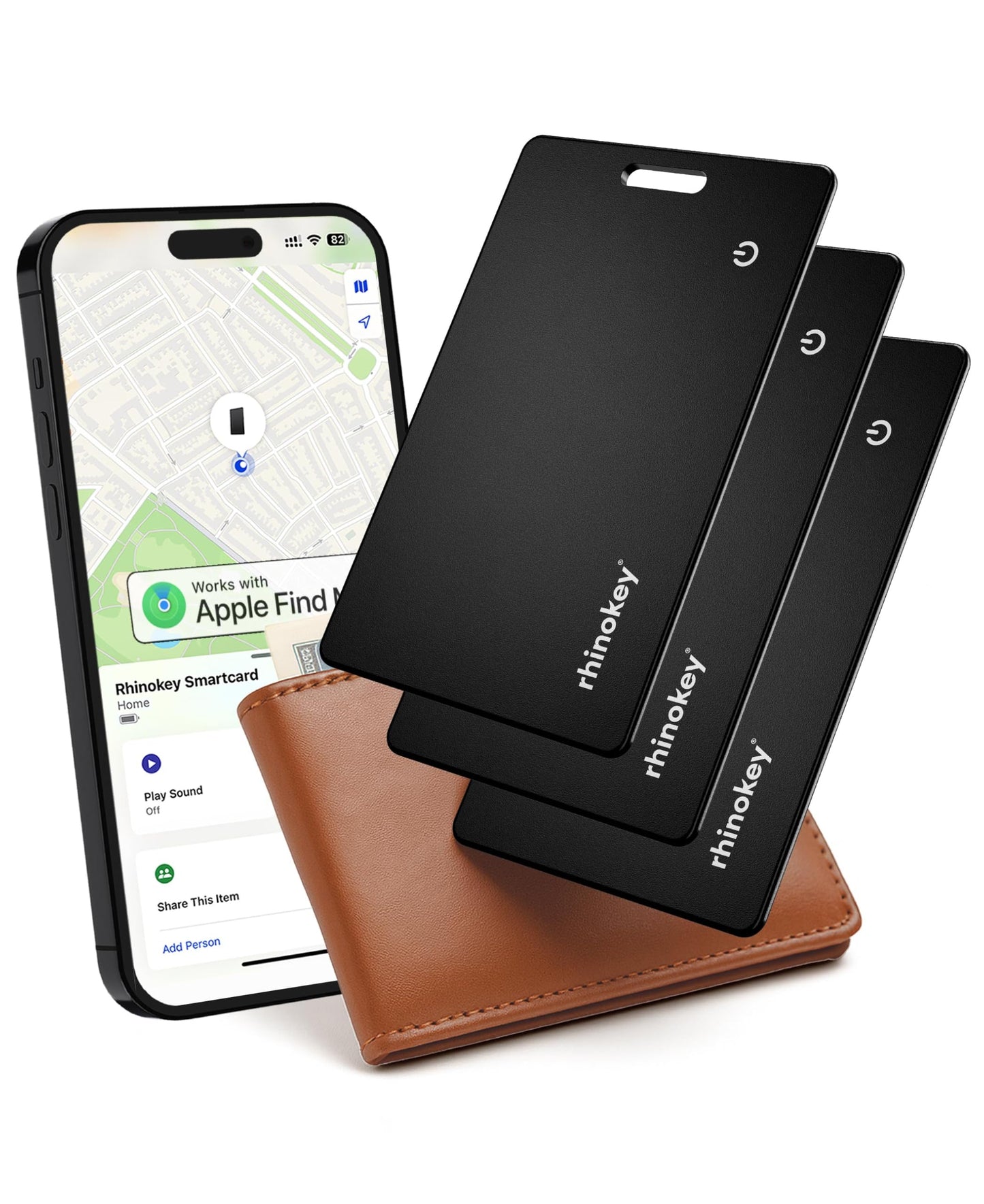 Rhinokey Apple MFi Certified Wallet Tracker Card Works with Apple Find My (iOS Only) Slim 0.07in Rechargeable IP68 Waterproof Tracker Item Finder AirTag Card with Keychain Hole Mens Valentines Gifts