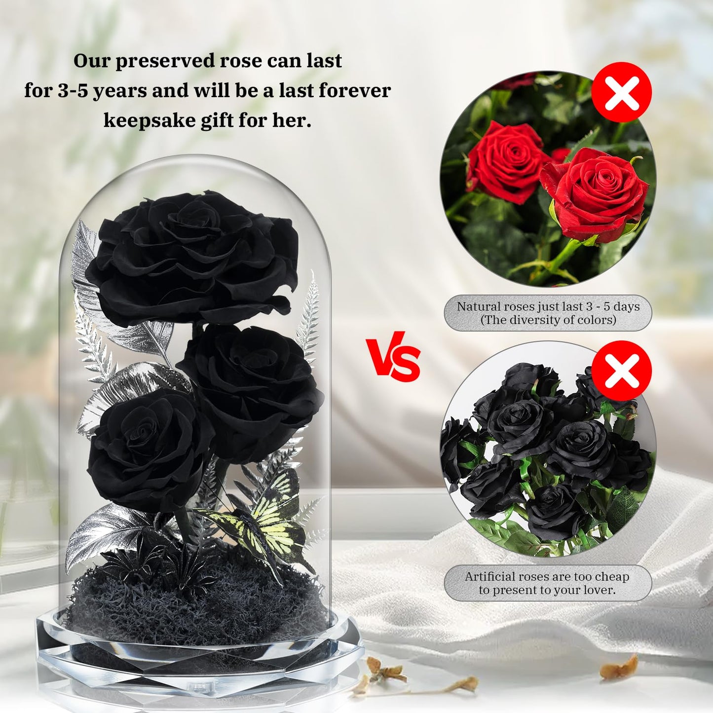 Tyvouflo Forever Flowers in Glass Dome - Preserved Roses, for Her Women Valentine's Day, Mother's Day, Anniversary A-Grade Black Roses, Home Decor for Girlfriend, Wife, Sister, Mom (Black)