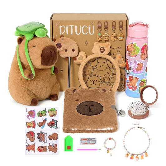 Ditucu Strawberry Capybara Plush Gifts for Girls 4 5 6 7 8 9 10 Years Old with Stuffed Animal/Stickers/Water Bottle/Bag/Coin Purse/Keychains/Hair Accessories/Comb/Necklace/Bracelet Plushies Toys Set