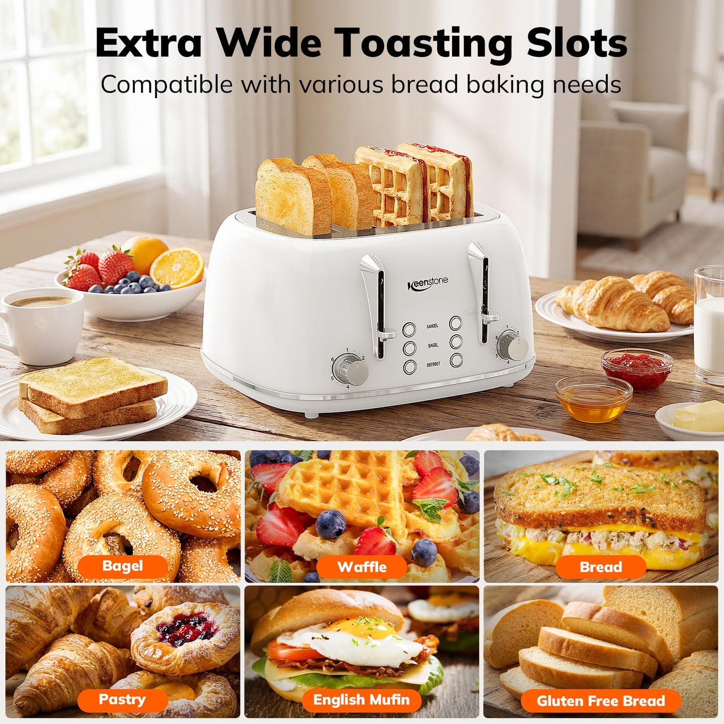 Keenstone Toaster 4 Slice, Retro Stainless Steel Wide Slot Toaster with Dual Independent Controls, 6 Browning Levels, Bagel, Defrost, Reheat & Cancel, Removable Crumb Tray, White