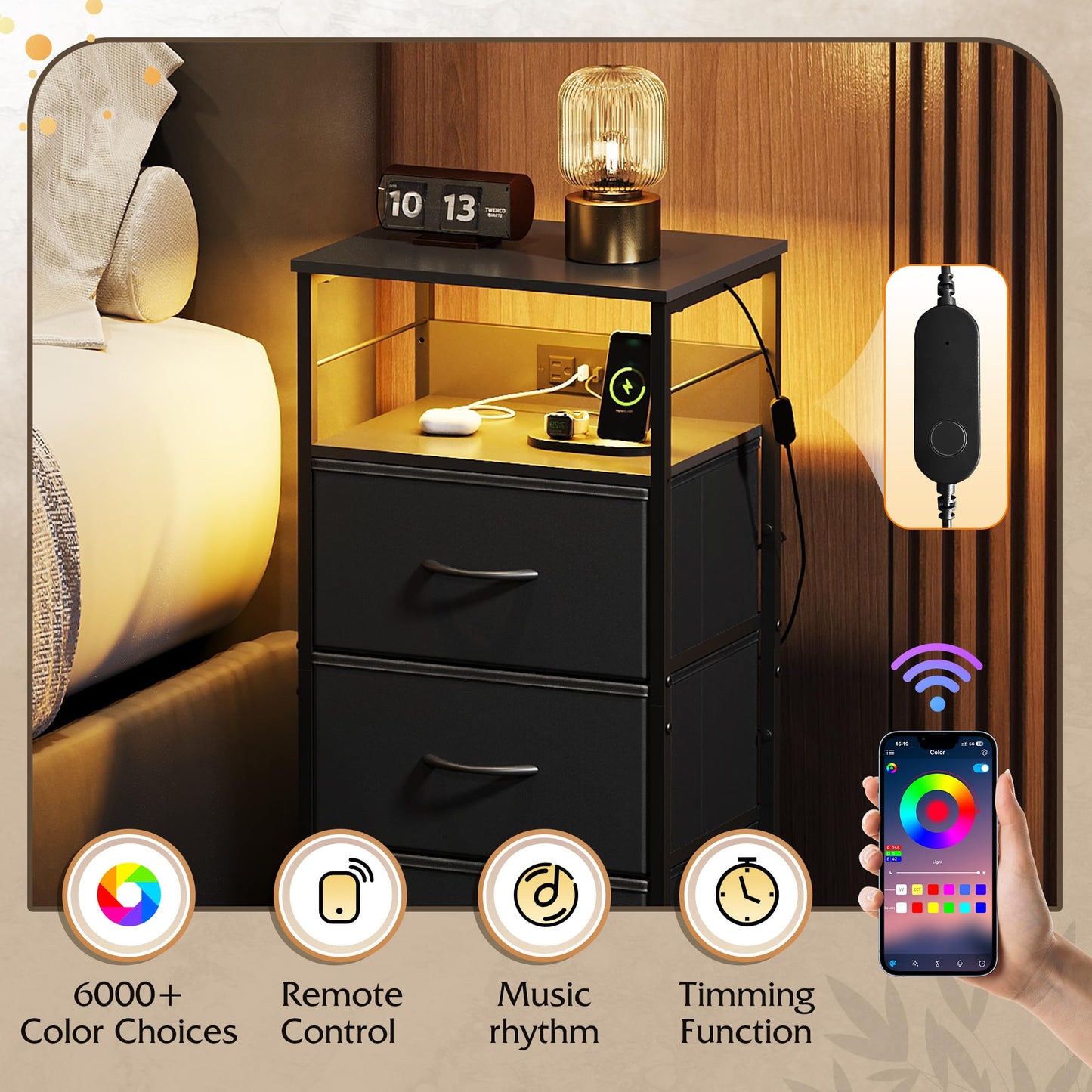 WLIVE Nightstand with Charging Station, 31.9" H Nightstand with 3 Fabric Drawers, LED Bedside Table with USB Ports and Outlets, End Table for Dorm, Bedroom, Entryway, Black