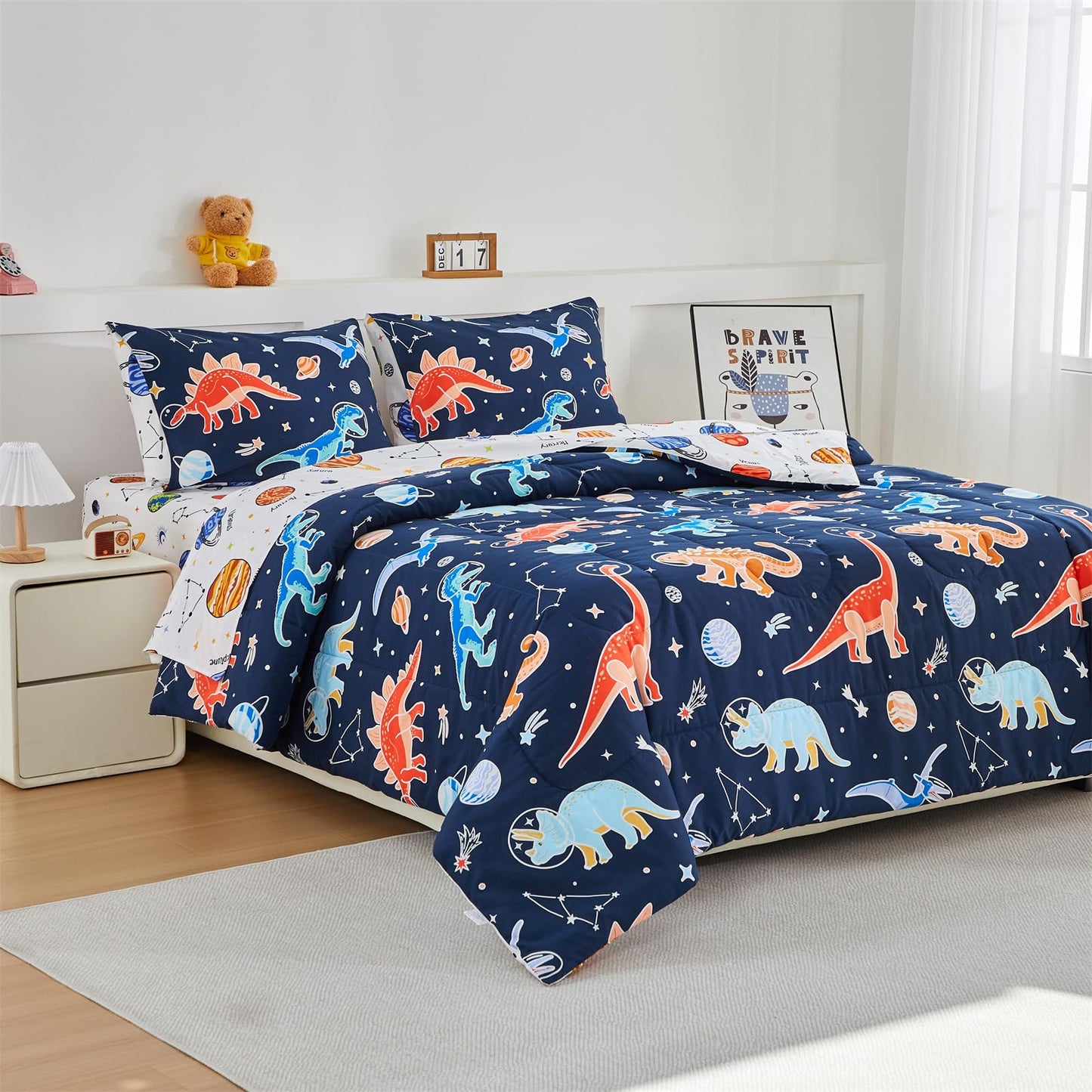 NTBED Dinosaur Kids Comforter Set Twin Size 5 Pieces Bed in A Bag for Boys Girls Glow in The Dark Space Planet Bedding Sets with Sheet
