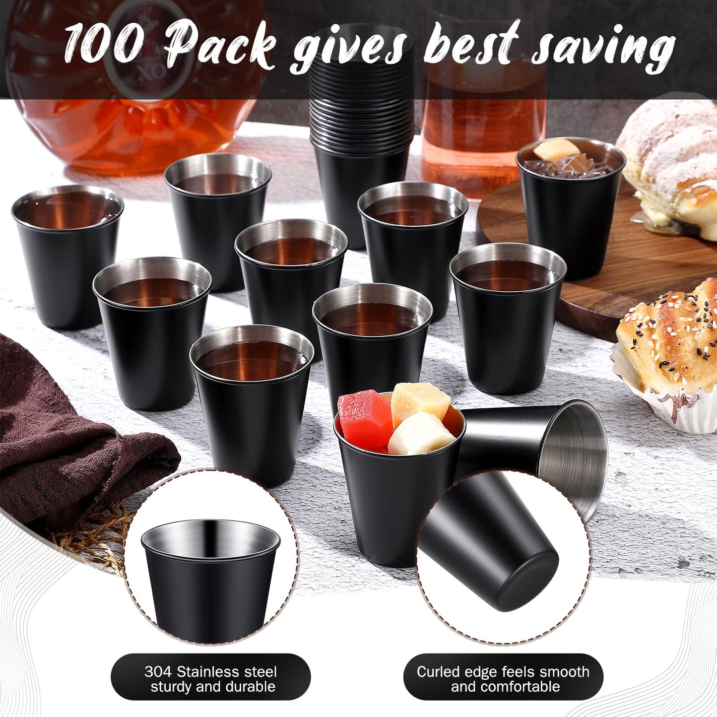 100 Pcs 2 oz Stainless Steel Shot Glasses Metal Cups Small Unbreakable Shot Glass for Espresso Whiskey Bar Home Restaurant Camping Barware Gift (Black)