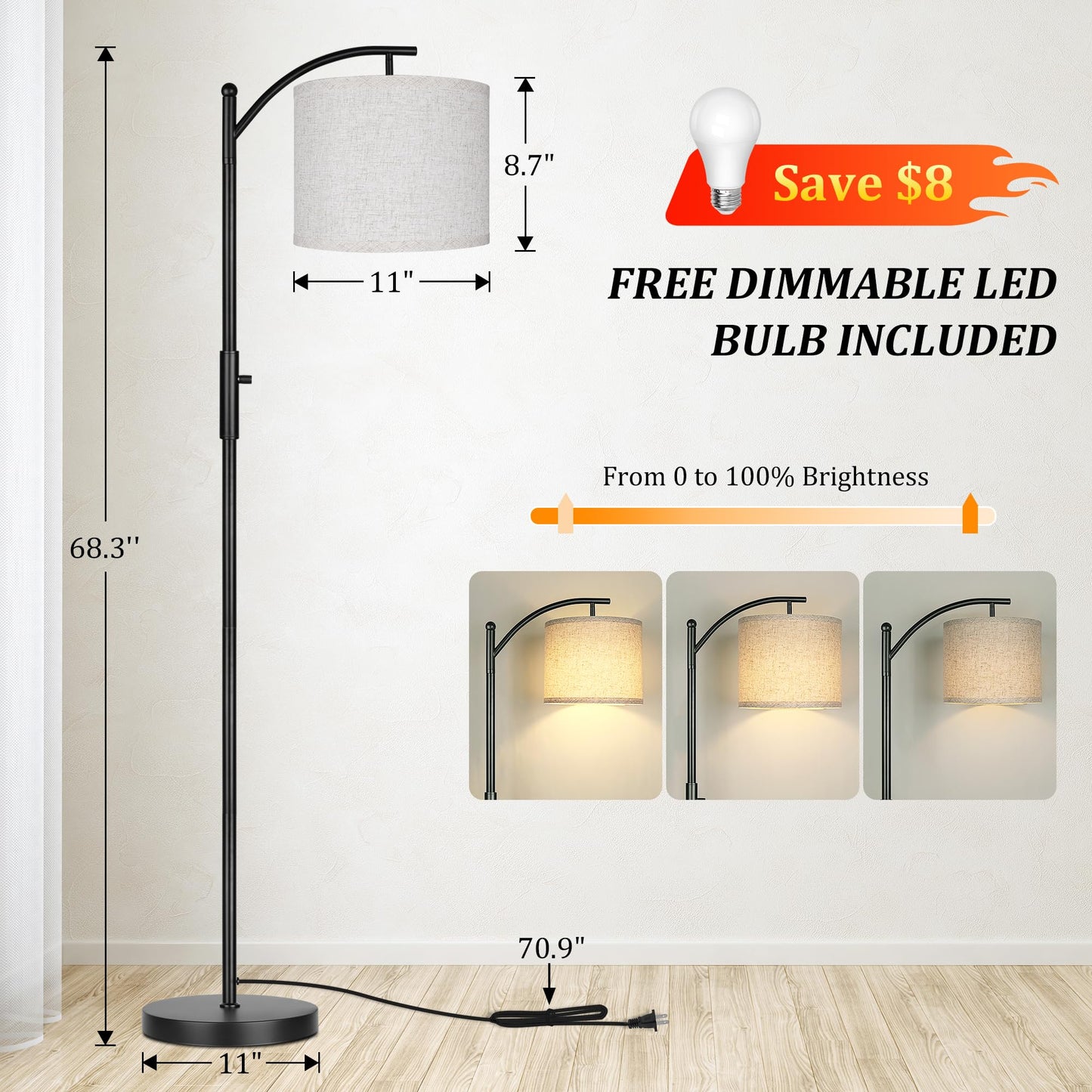 Dimmable Floor Lamp, Arc Floor Lamps for Living Room, Stepless Dimming Modern Standing Lamp with Linen Shade, Tall Lamp for Bedroom Office Dining Room- Black