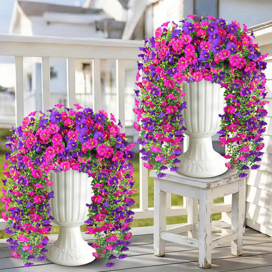 Artificial Hanging Flowers for Outdoors, 4 PCS 600 Blooms UV Resistant Morning Glory Faux Silk Vines, No-Odor Realistic Fake Plants for Garden Planter Porch Patio Decoration, Fuchsia & LightPurple