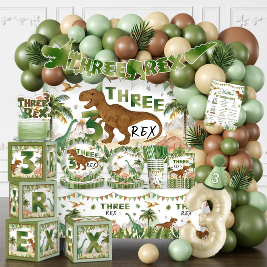 cocomigo 267pcs Three Rex Birthday Decorations Boy Complete Party Set, 3 Rex Birthday Decorations Boys, Serves 25 Guests, for Dinosaur Theme 3rd Party Supplies