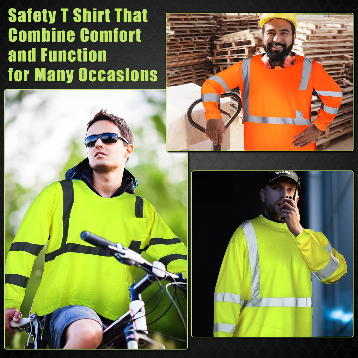 Macarrie 6 Pcs Class 3 Reflective Safety High Visibility Shirt Long Sleeve with Packet Breathable (L)