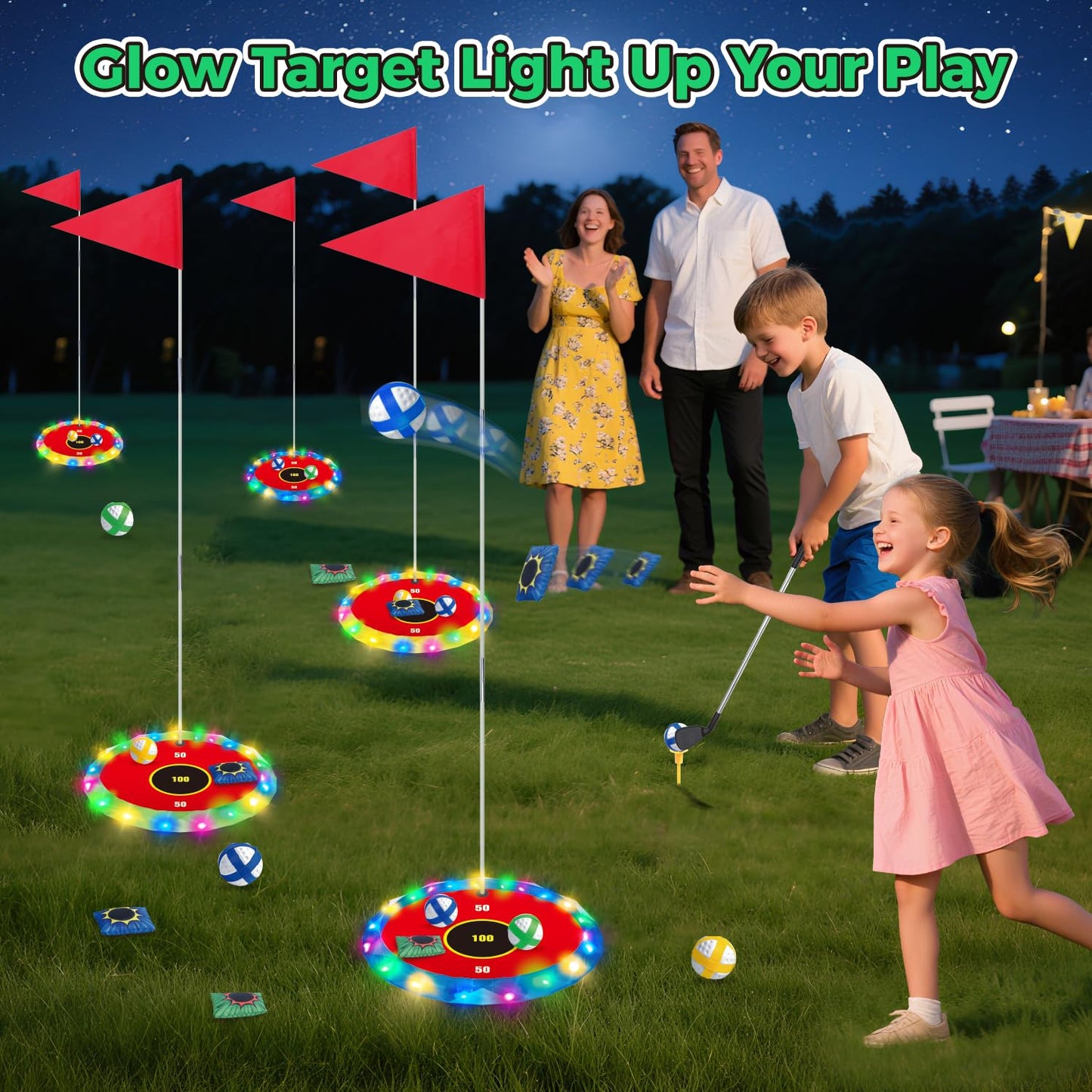 VATOS Light Up Golf Game Set for Kids, 2-in-1 Golf & Toss Game, 16 Balls, 2 Clubs, 6 Lighted Targets, Indoor & Outdoor Game Set, Gifts for Kids Boys Girls Ages 3-8