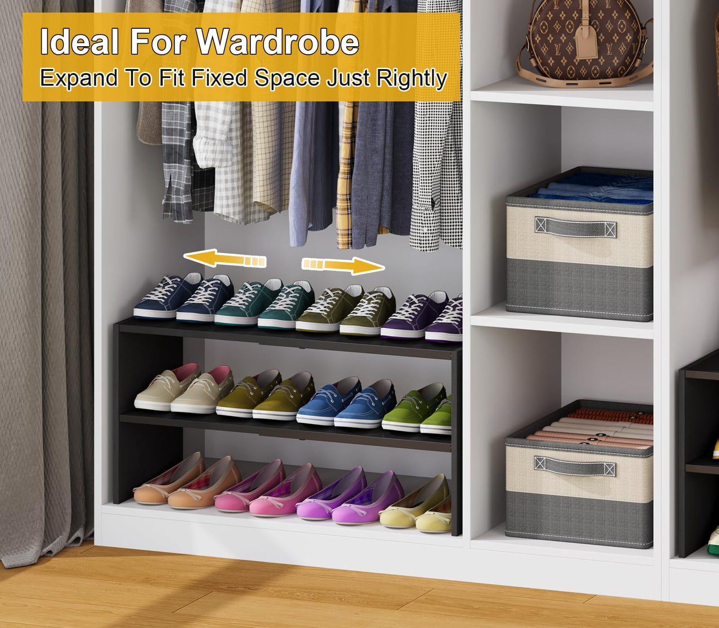 Black Shoe Rack Organizer for Closet, 2-Tier Expandable Shoe Shelf, Stackable Iron Wood Combination Small Shoe Racks Shelves for Closets, Entryway,Small Space,Hallway,Garage,6-12 Pairs