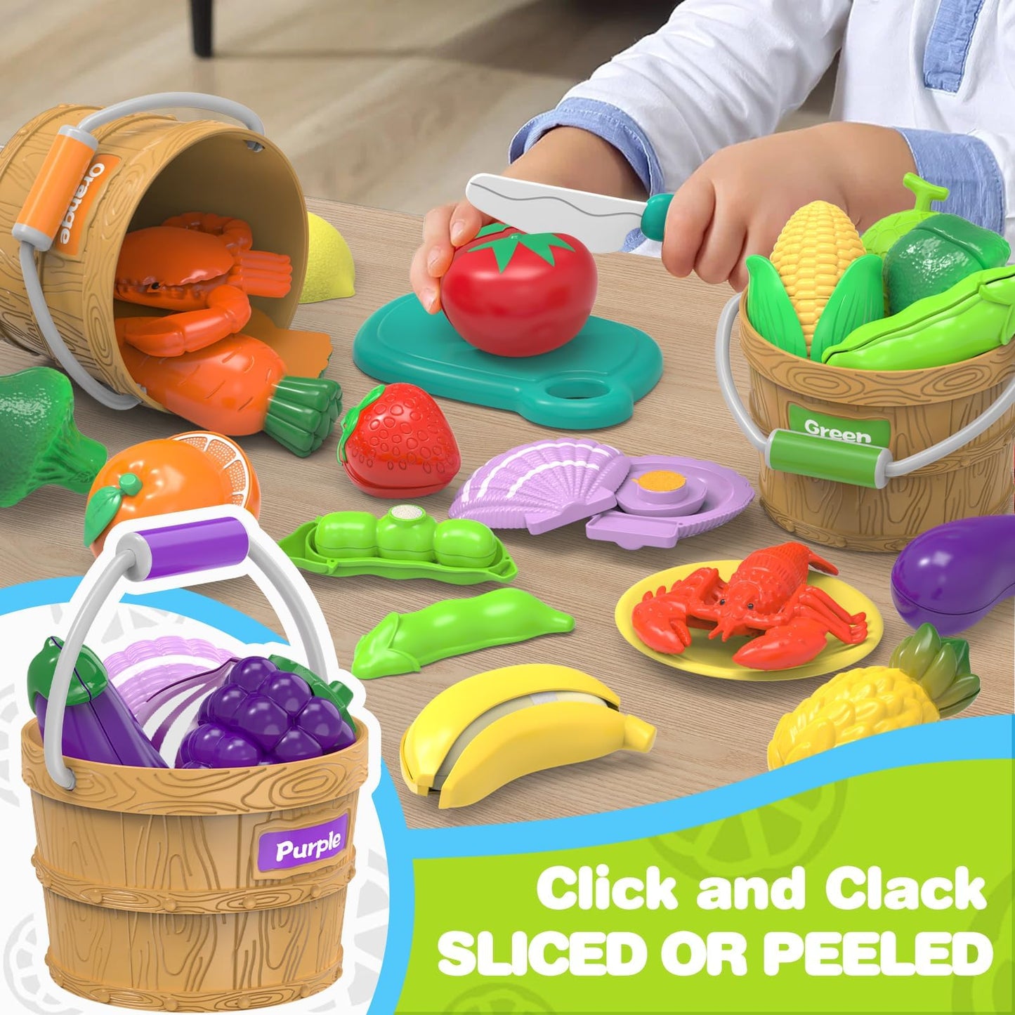 Food Toys for Kids Pretend Play Kitchen Accessories Food Sorting Toy Fake Fruits and Vegetables Set with Shopping Storage Basket Table