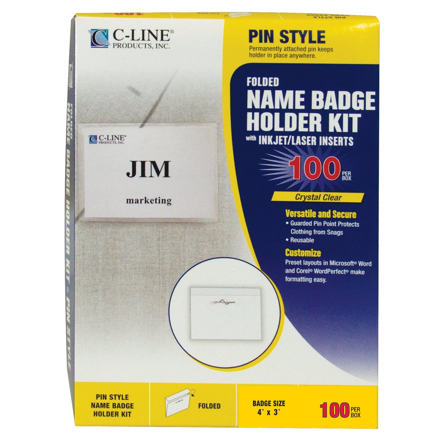 C-Line Pin Style Name Badge Holders with Inserts, 3 x 4 Inches, 100 per Box (94043)