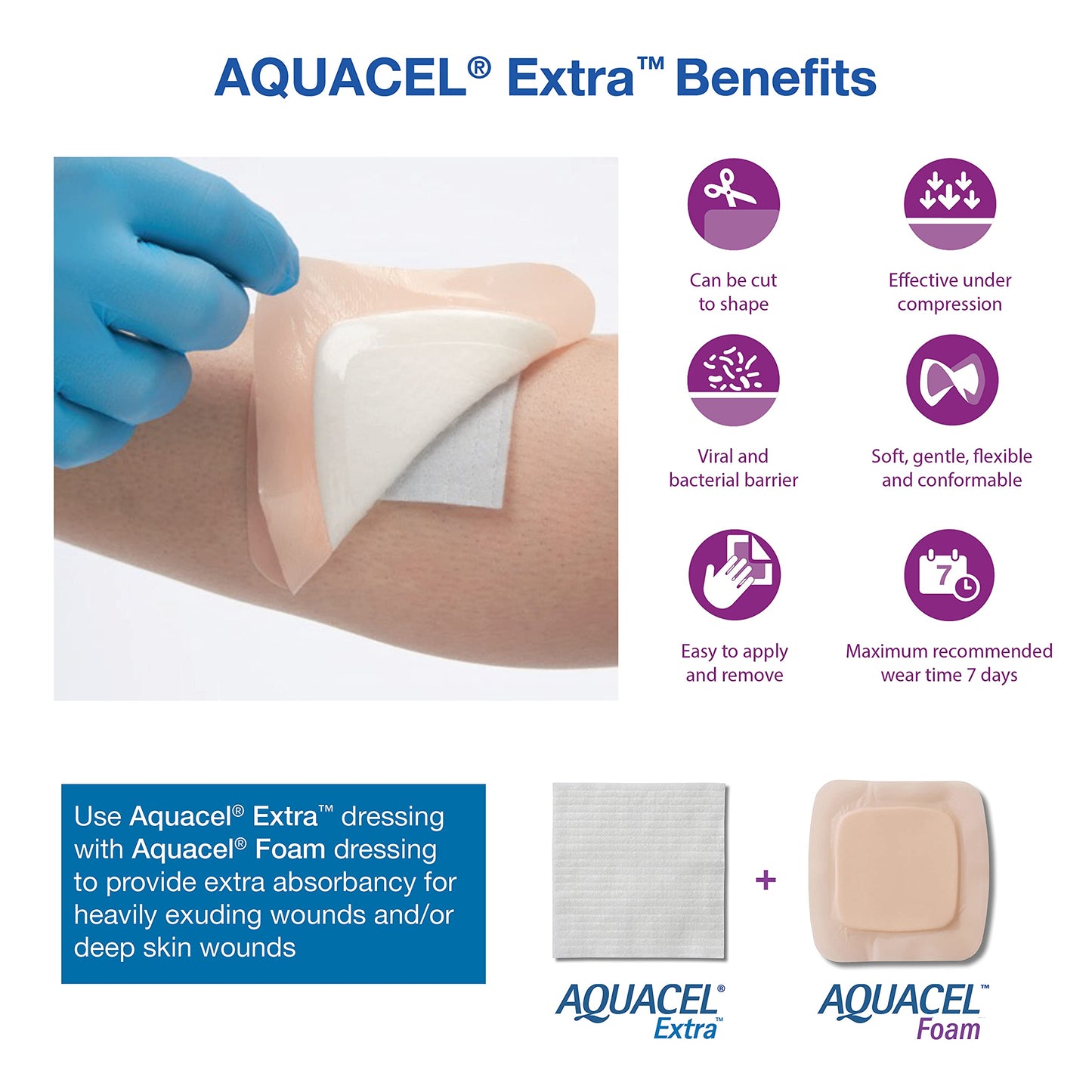 ConvaTec AQUACEL Extra 6"x6" Hydrofiber Absorbant Dressing for Moderate to Highly Exuding Wounds, Non-Woven Two-Dimensional Strengthening Fibers, Square, 5ct Box
