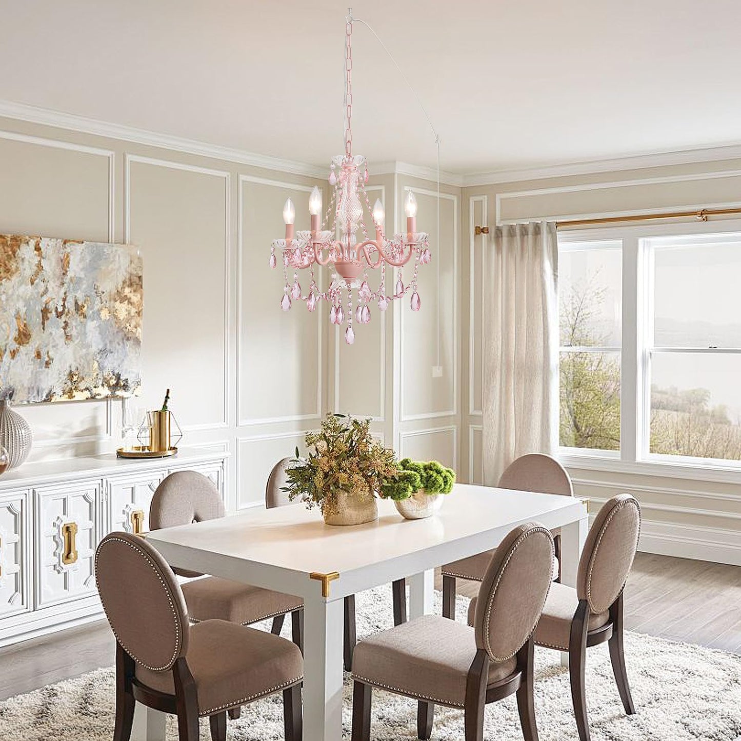 Plug in Crystal Pink Chandelier, Not acrylic Crystal,Mini 4 Lights for Girls Room,Pink Crystals Hanging Pendant Light with Clear Cord and On/Off, Chandelier for wedding, Kitchen, Dining,Foyer,Island